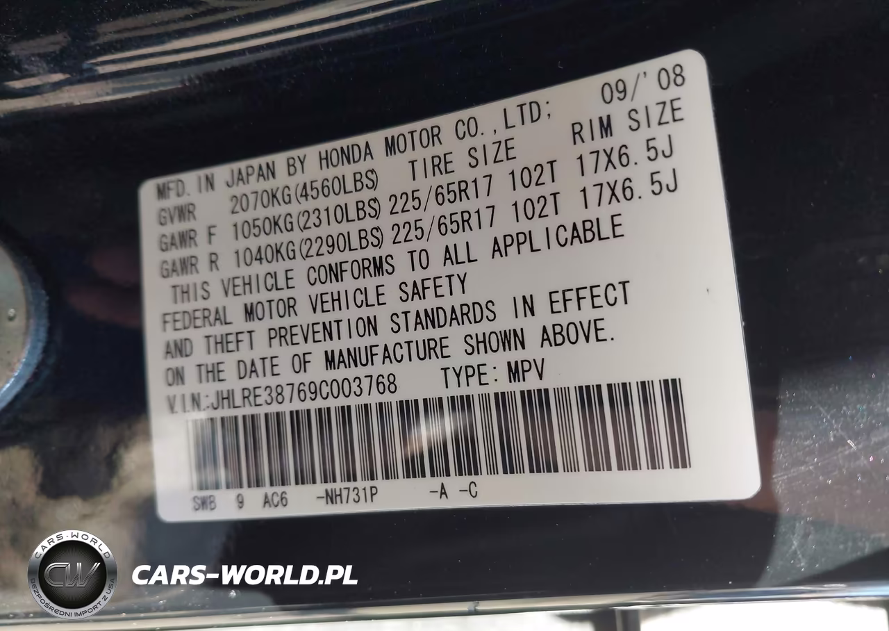 2009 Honda Cr-V Ex-L VIN:JHLRE38769C003768 - 9