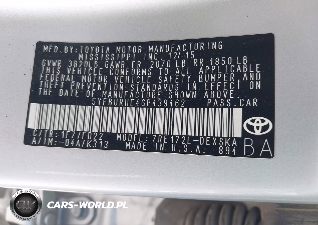 2016 Toyota Corolla S Plus VIN:5YFBURHE4GP439462 - 9
