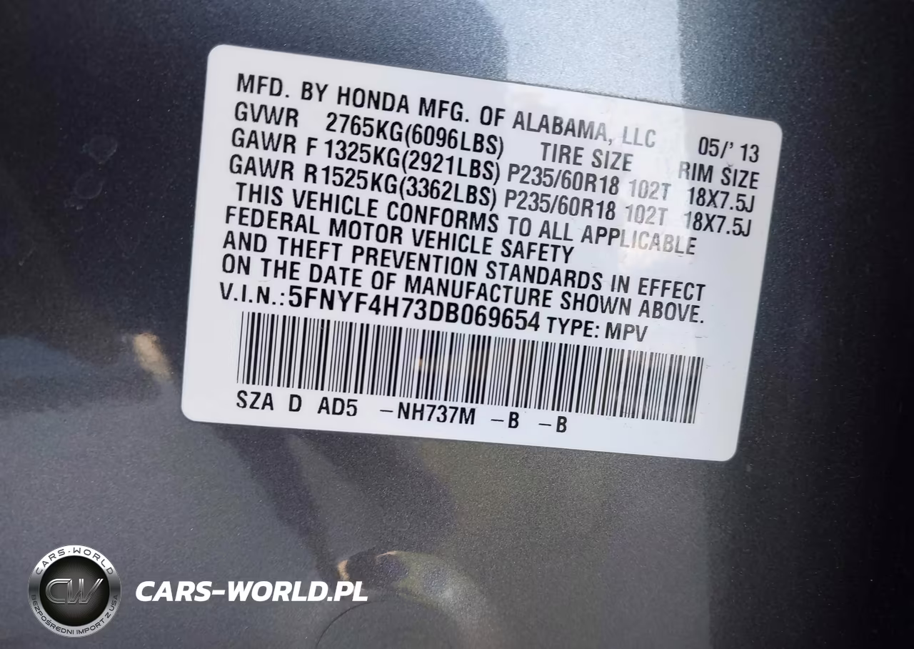 2013 Honda Pilot Ex-L VIN:5FNYF4H73DB069654 - 9