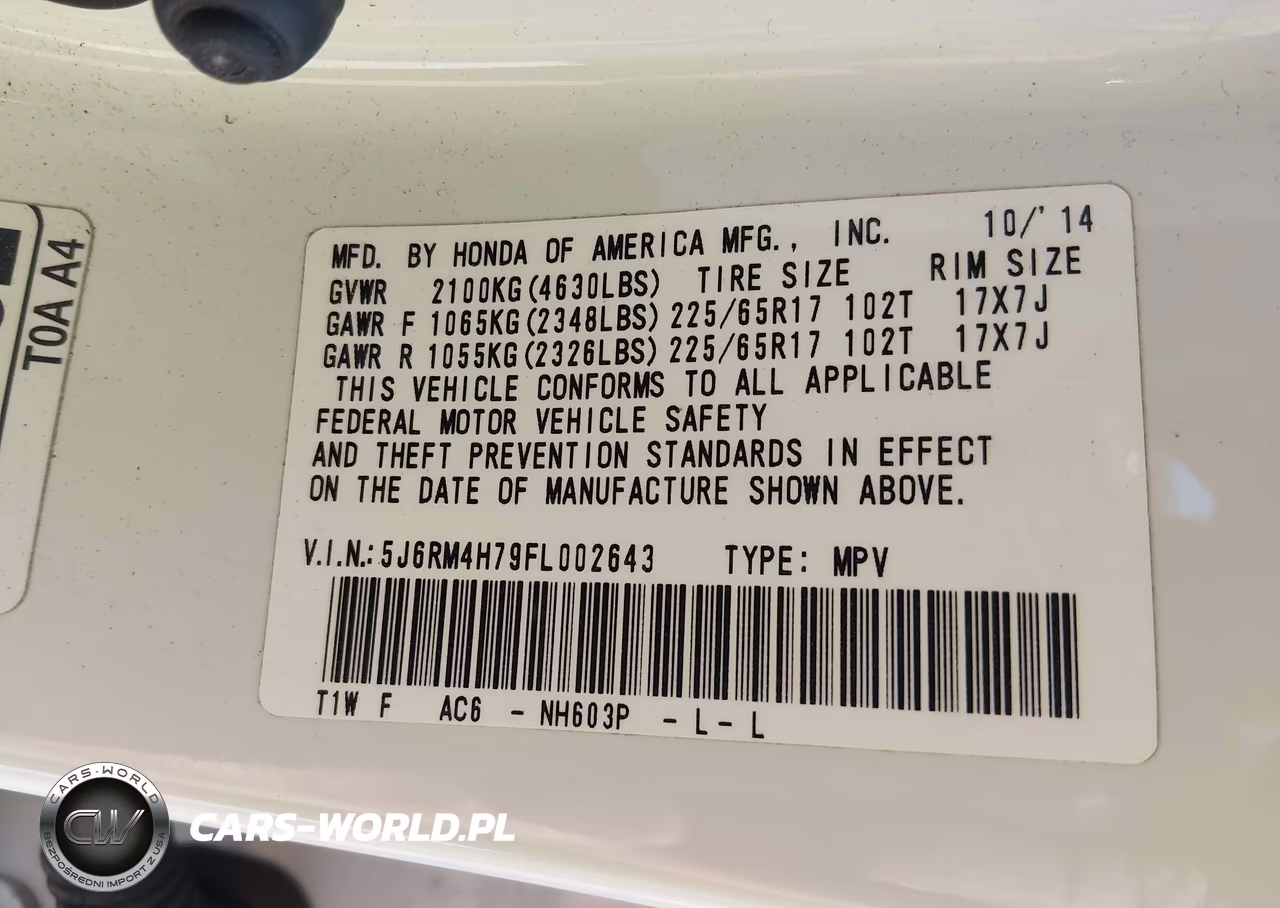 2015 Honda Cr-V Ex-L VIN:5J6RM4H79FL002643 - 9