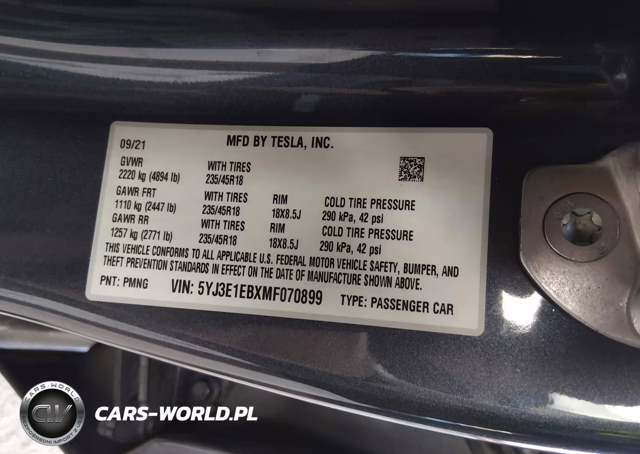 2021 Tesla Model 3 Long Range Dual Motor All-Wheel Drive VIN:5YJ3E1EBXMF070899 - 9