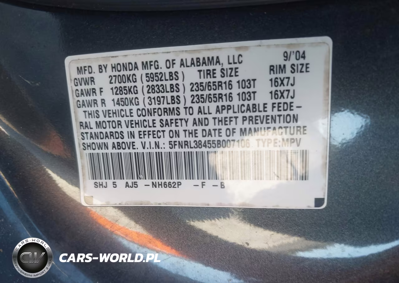 2005 Honda Odyssey Ex VIN:5FNRL38455B007106 - 9