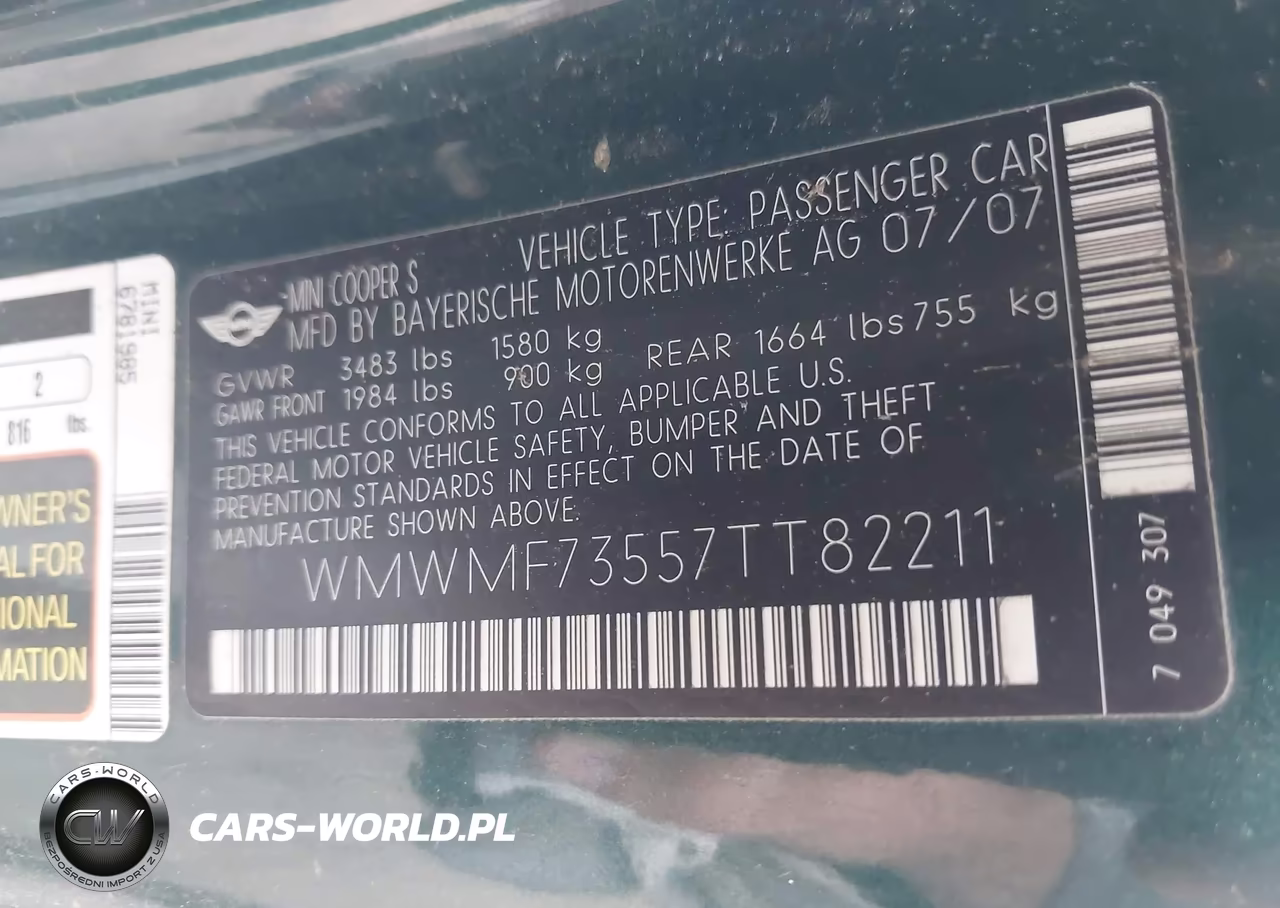 2007 Mini Cooper S VIN:WMWMF73557TT82211 - 9