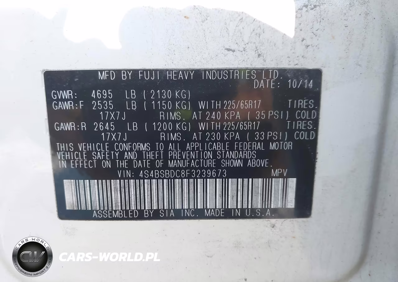 2015 Subaru Outback 2.5I Premium VIN:4S4BSBDC8F3239673 - 9