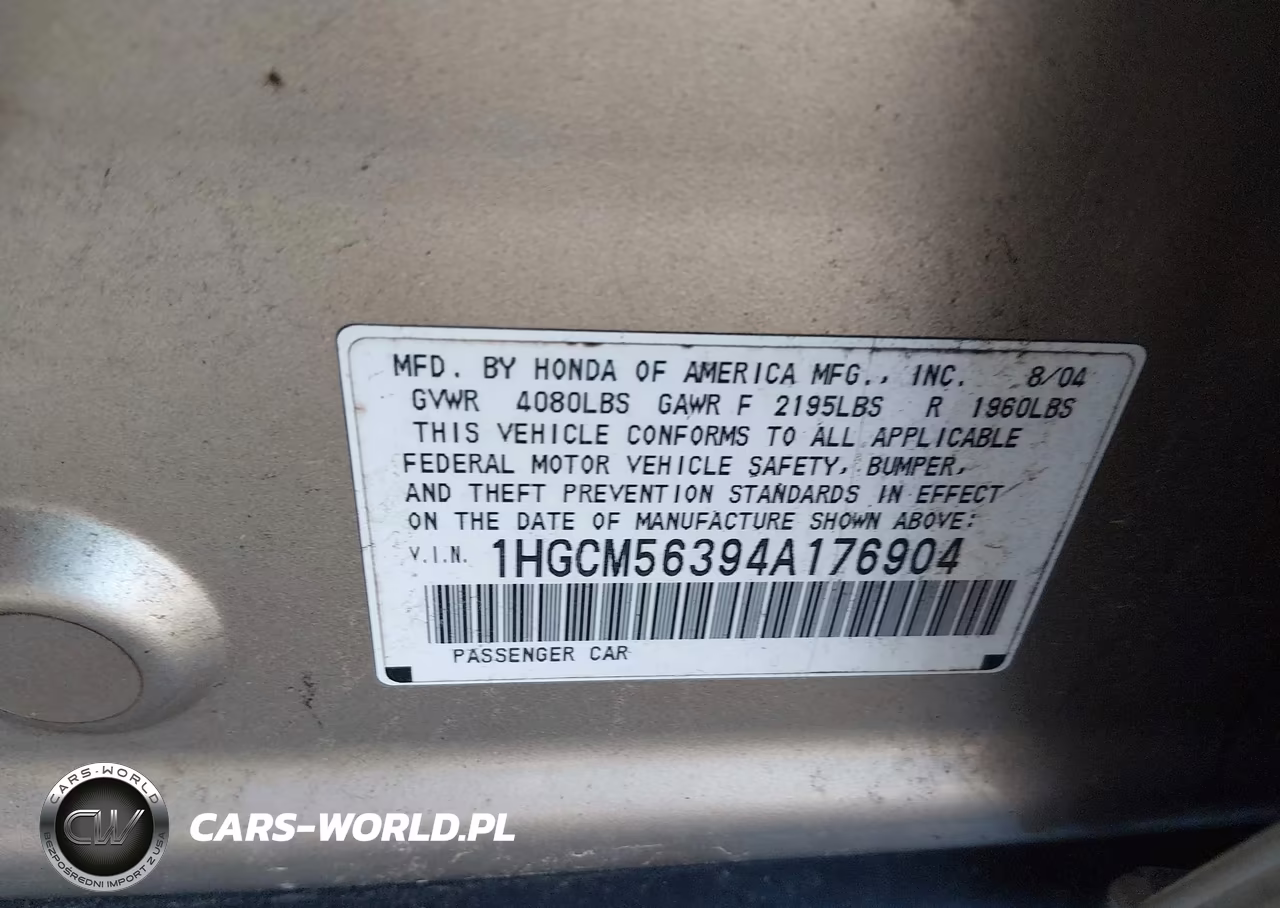 2004 Honda Accord 2.4 Lx VIN:1HGCM56394A176904 - 9