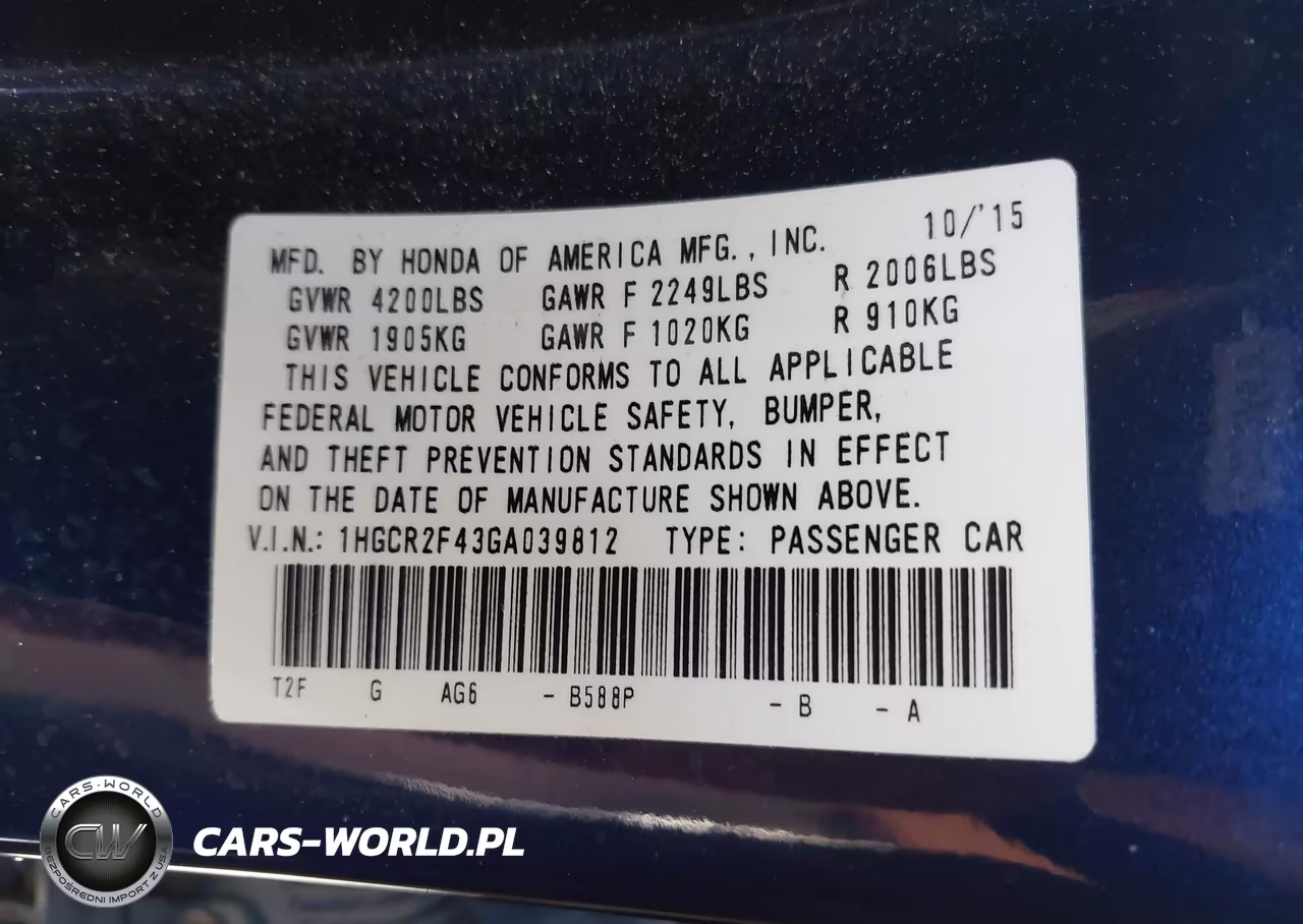 2016 Honda Accord Lx VIN:1HGCR2F43GA039812 - 9