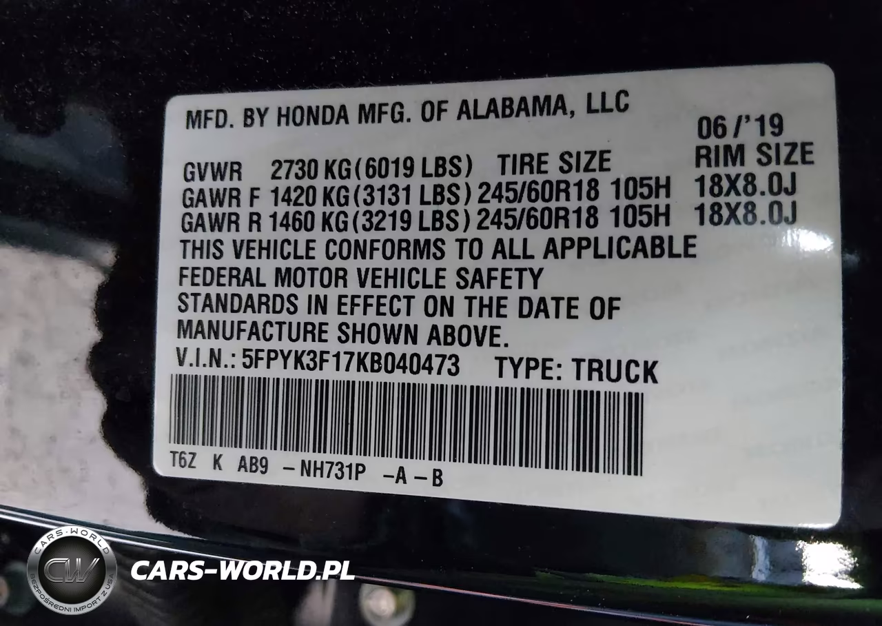 2019 Honda Ridgeline Sport VIN:5FPYK3F17KB040473 - 9
