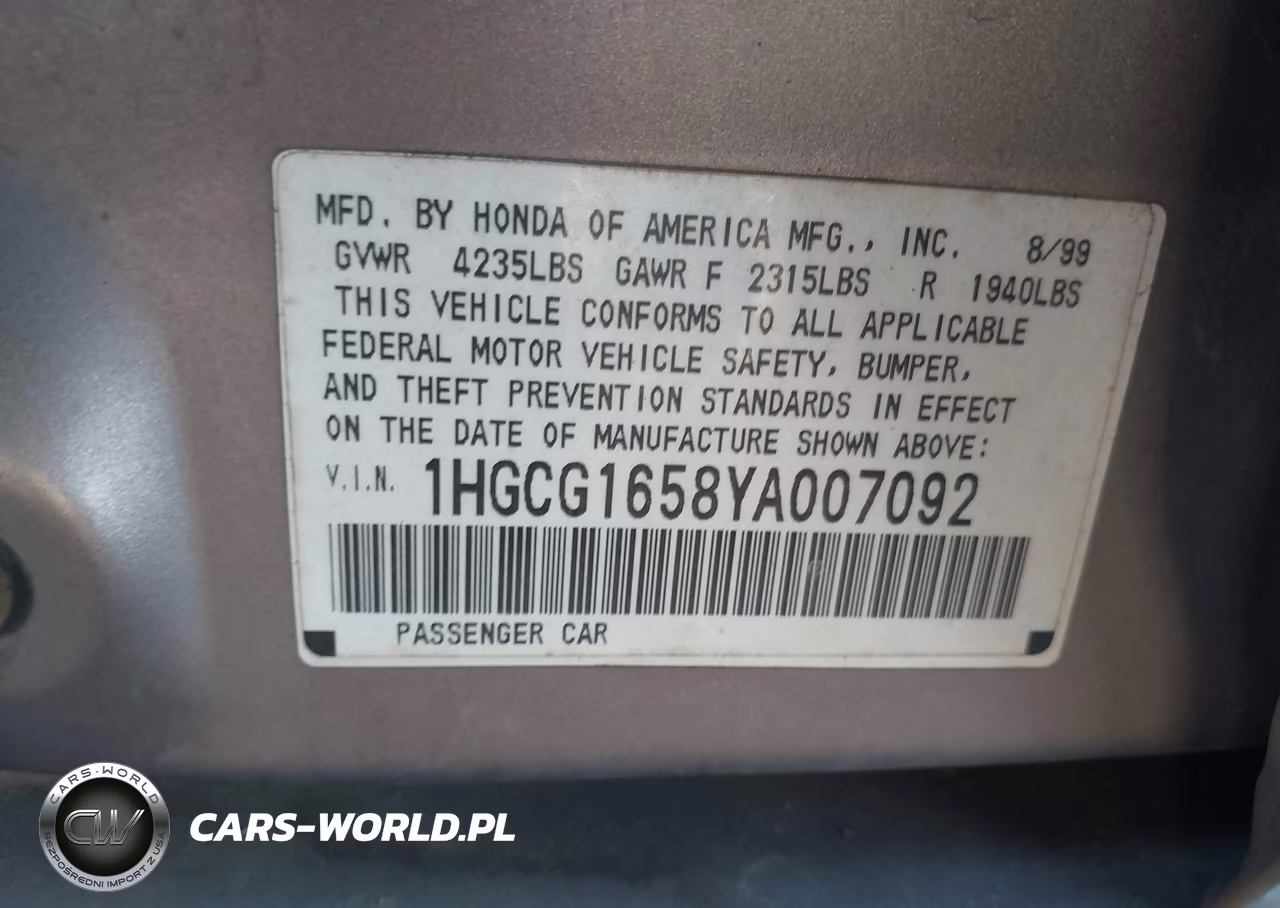 2000 Honda Accord 3.0 Ex VIN:1HGCG1658YA007092 - 9