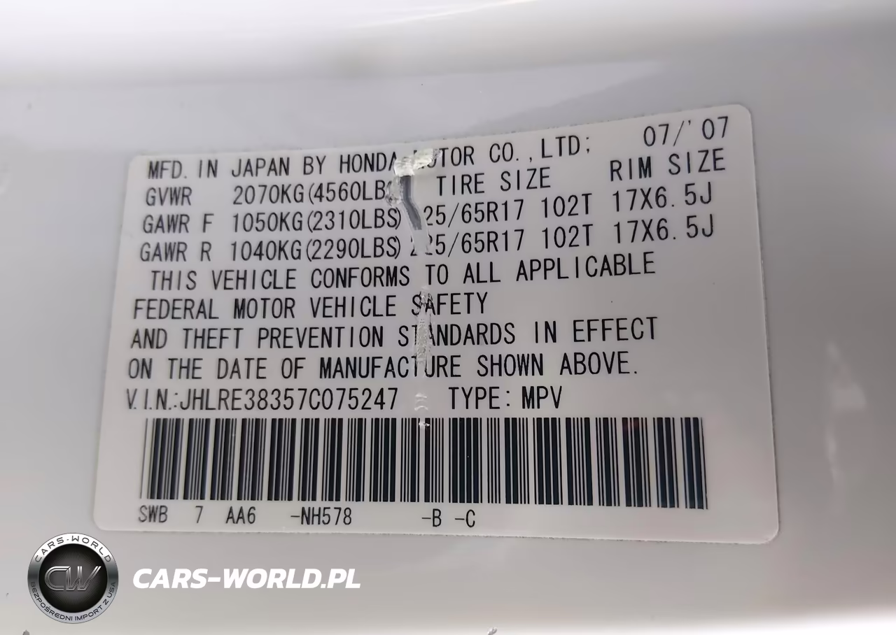 2007 Honda Cr-V Lx VIN:JHLRE38357C075247 - 9