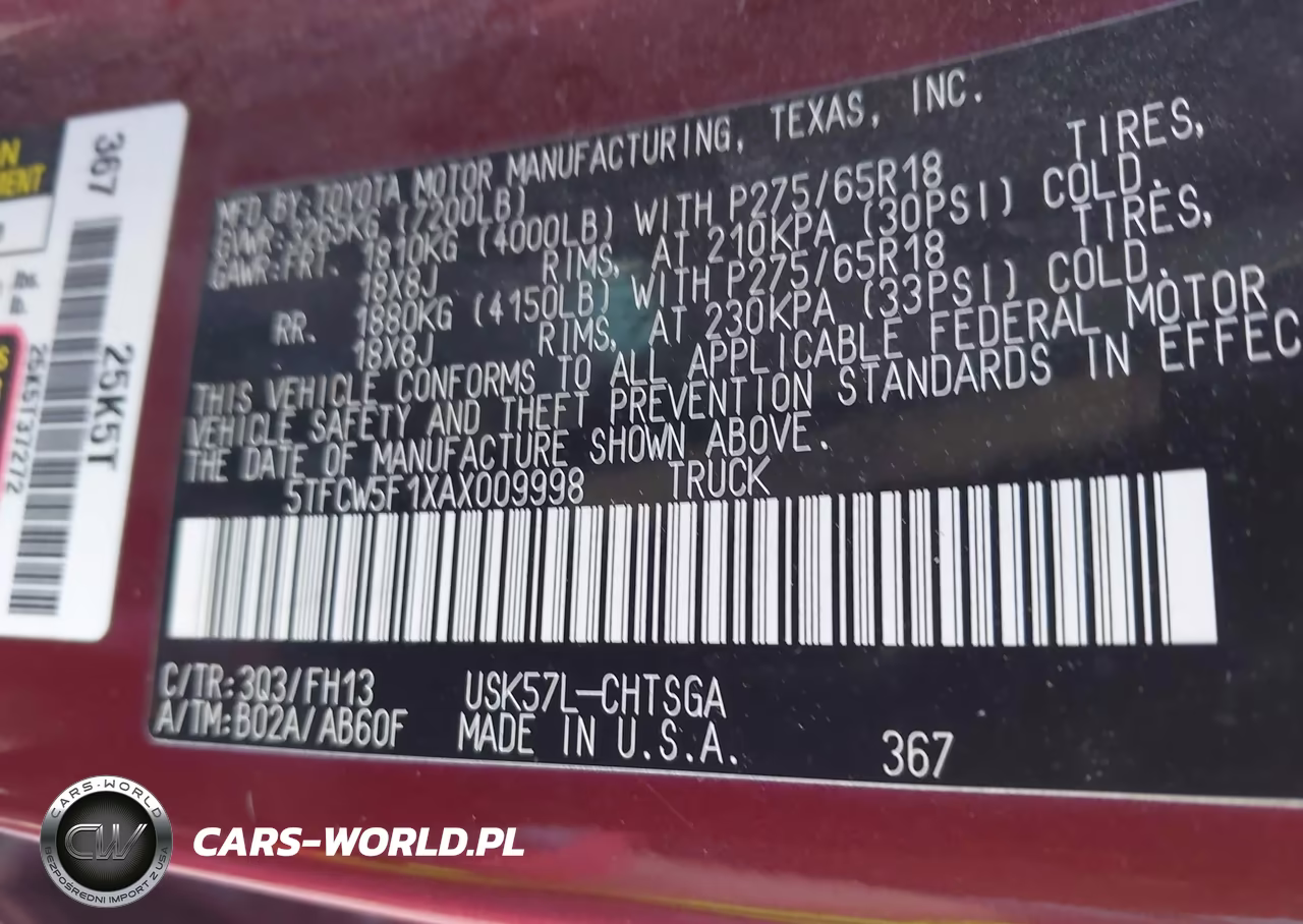 2010 Toyota Tundra Grade 5.7L V8 VIN:5TFCW5F1XAX009998 - 9