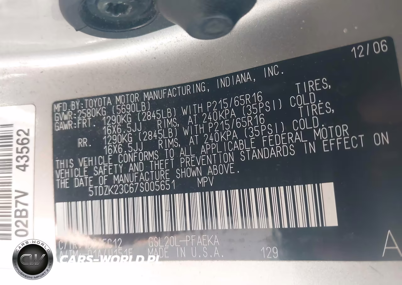 2007 Toyota Sienna Le VIN:5TDZK23C67S005651 - 9