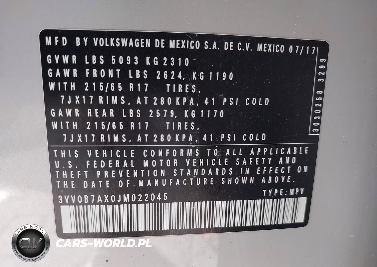 2018 Volkswagen Tiguan 2.0T S VIN:3VV0B7AX0JM022045 - 9