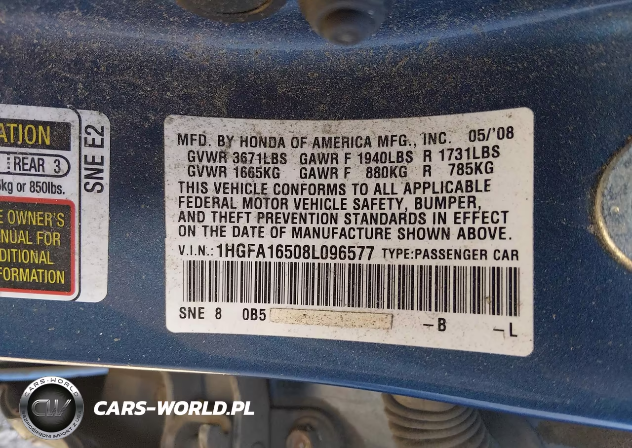 2008 Honda Civic Lx VIN:1HGFA16508L096577 - 9
