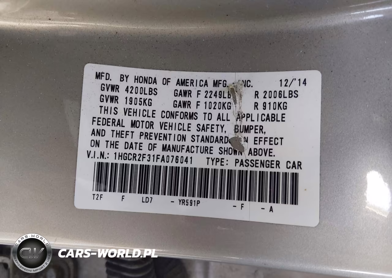 2015 Honda Accord Lx VIN:1HGCR2F31FA076041 - 9
