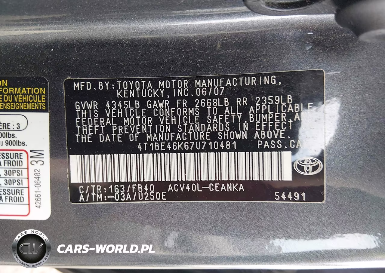 2007 Toyota Camry Le VIN:4T1BE46K67U710481 - 9