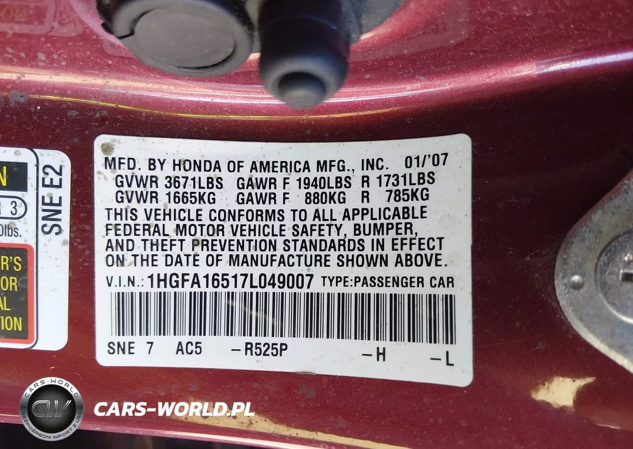 2007 Honda Civic Lx VIN:1HGFA16517L049007 - 8