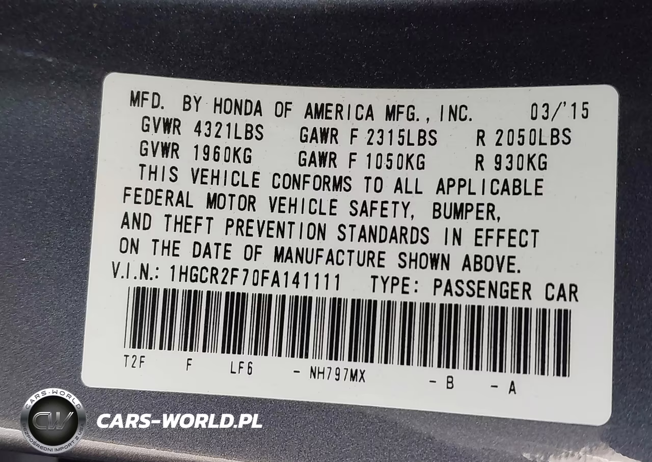 2015 Honda Accord Ex VIN:1HGCR2F70FA141111 - 9