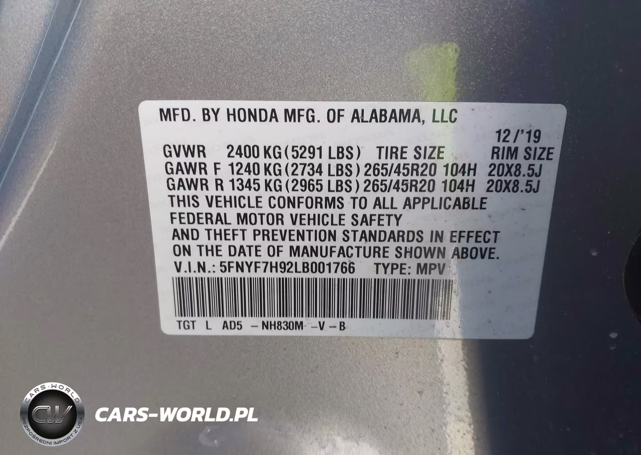 2020 Honda Passport 2Wd Touring VIN:5FNYF7H92LB001766 - 9