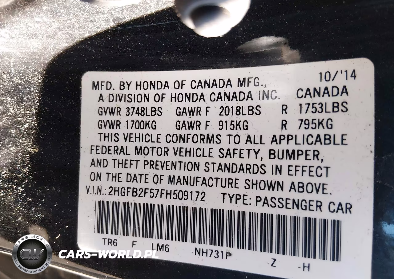 2015 Honda Civic Lx VIN:2HGFB2F57FH509172 - 9