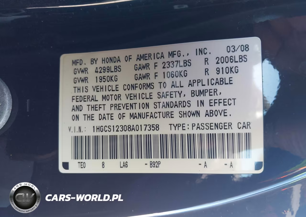 2008 Honda Accord 2.4 Lx-S VIN:1HGCS12308A017358 - 9