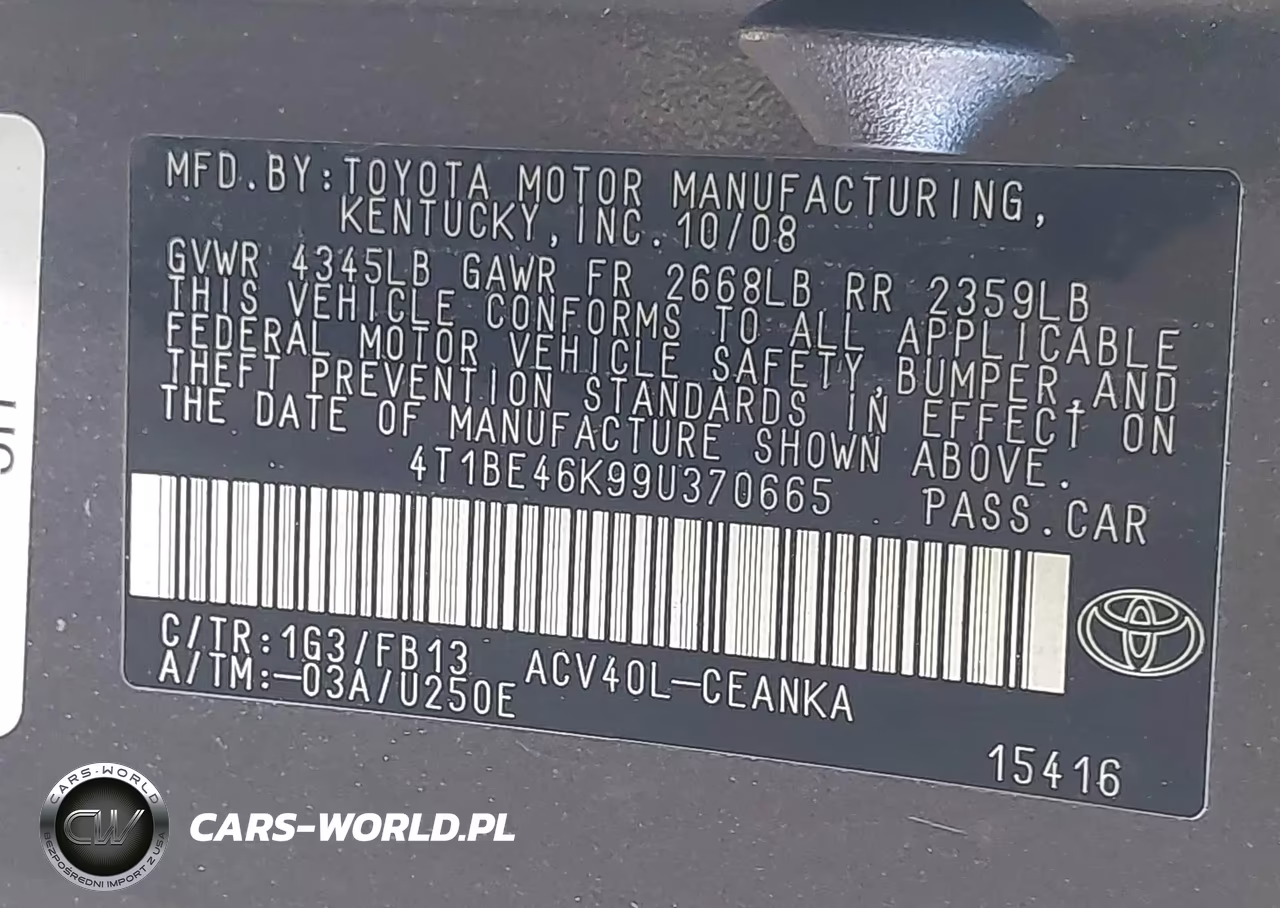 2009 Toyota Camry Le VIN:4T1BE46K99U370665 - 9