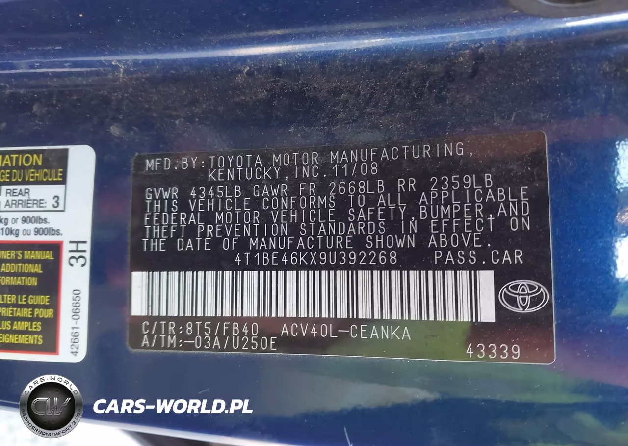 2009 Toyota Camry VIN:4T1BE46KX9U392268 - 9