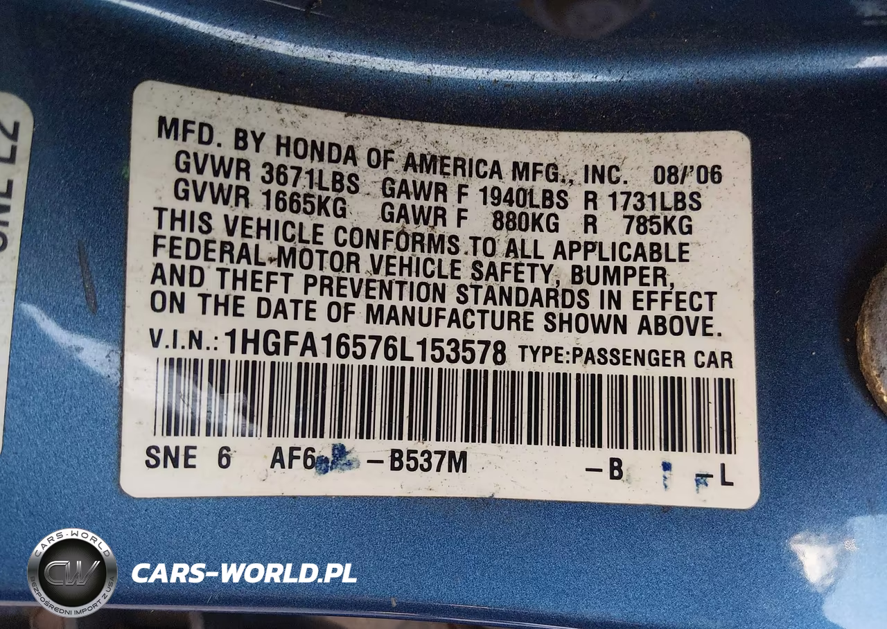 2006 Honda Civic Lx VIN:1HGFA16576L153578 - 9