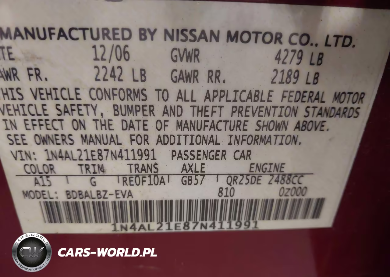 2007 Nissan Altima 2.5 S VIN:1N4AL21E87N411991 - 9
