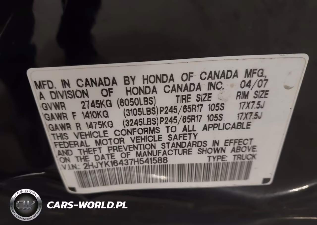 2007 Honda Ridgeline Rts VIN:2HJYK16437H541588 - 9