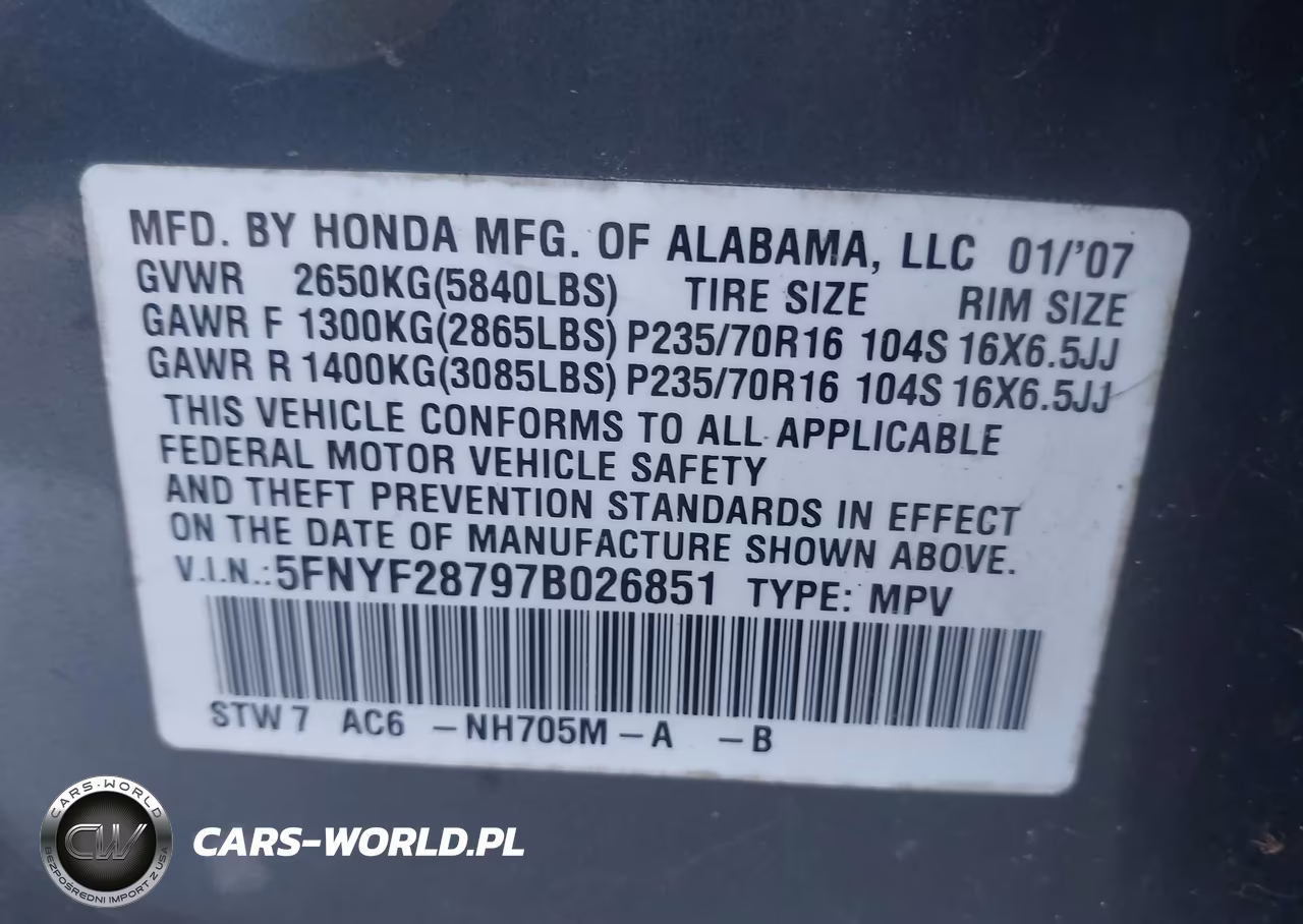 2007 Honda Pilot Ex-L VIN:5FNYF28797B026851 - 9