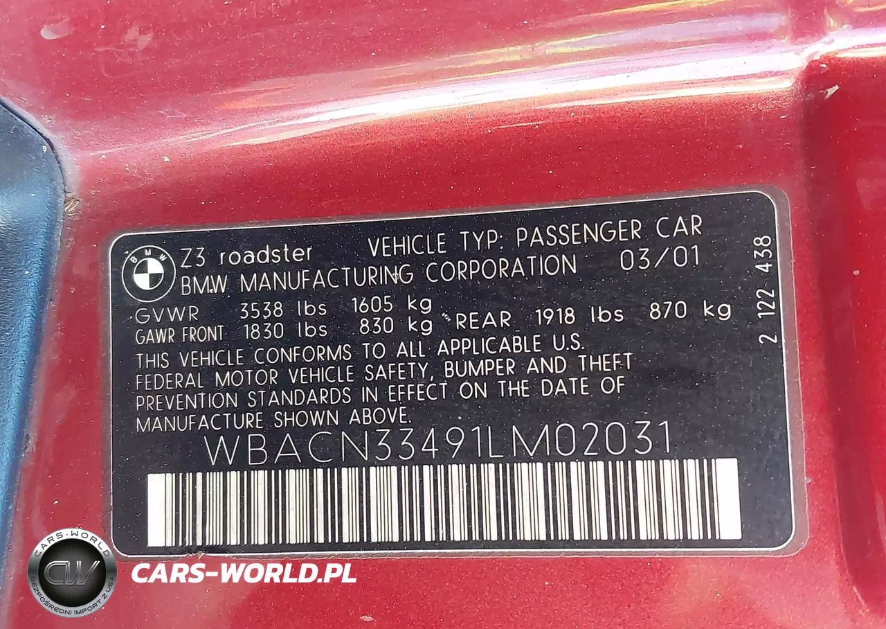 2001 BMW Z3 2.5I VIN:WBACN33491LM02031 - 9