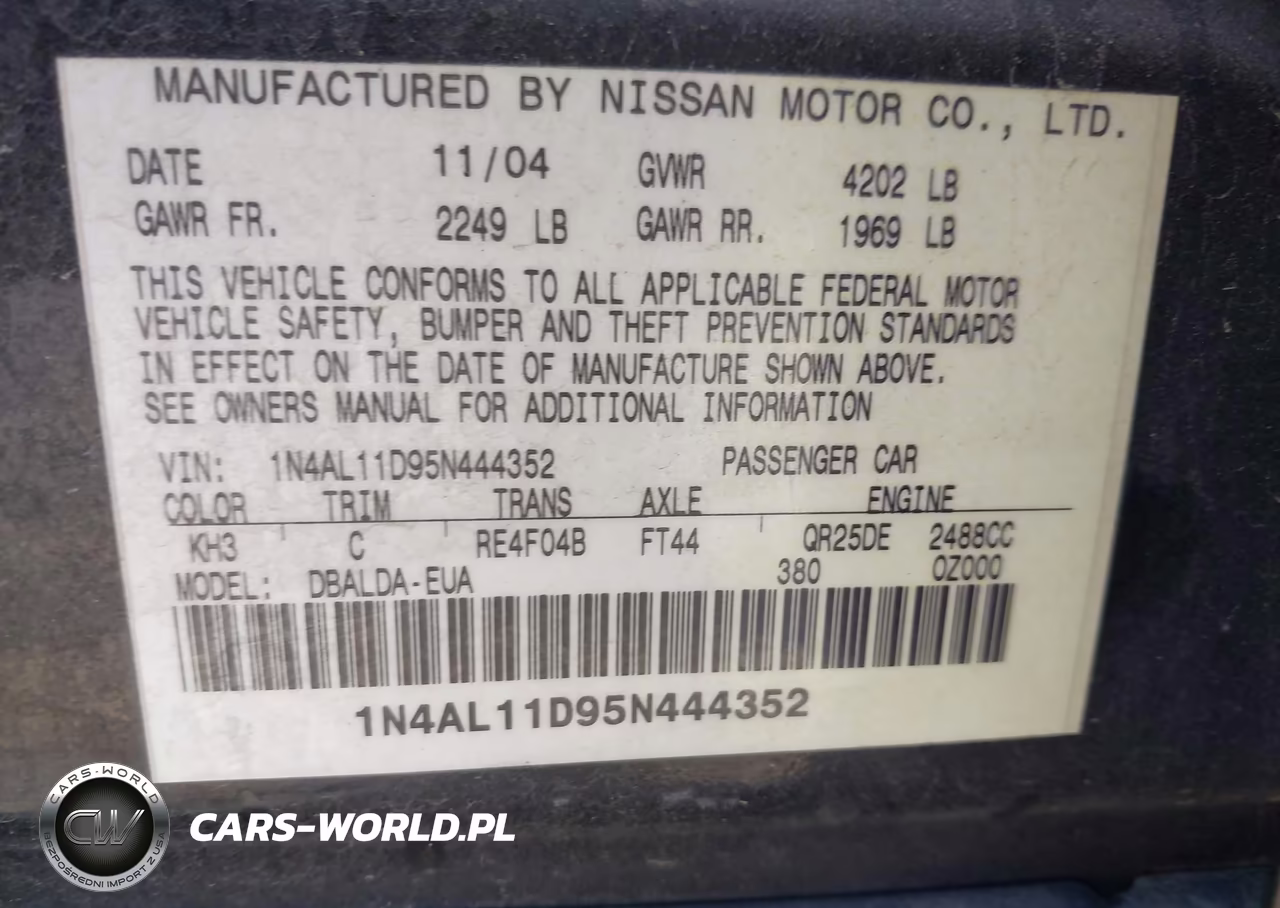 2005 Nissan Altima 2.5 S VIN:1N4AL11D95N444352 - 9
