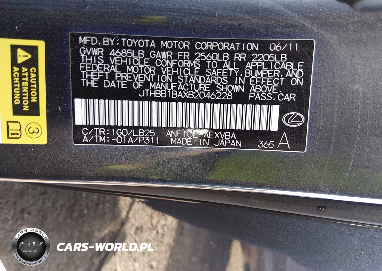 2011 Lexus Hs 250H VIN:JTHBB1BAXB2046228 - 9