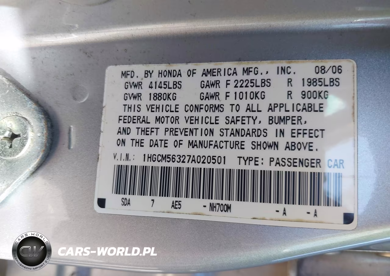 2007 Honda Accord 2.4 Se VIN:1HGCM56327A020501 - 9