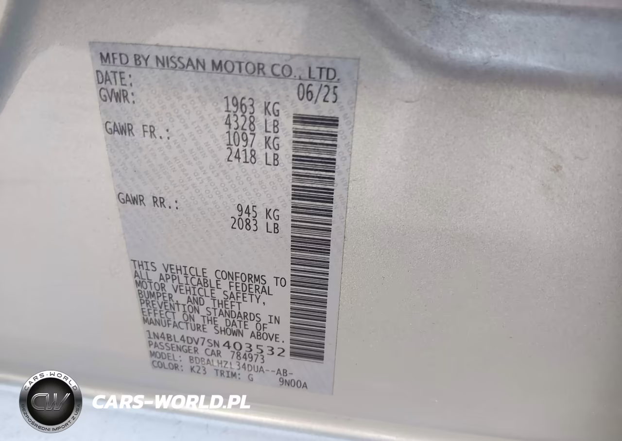 2025 Nissan Altima Sv Fwd VIN:1N4BL4DV7SN403532 - 9