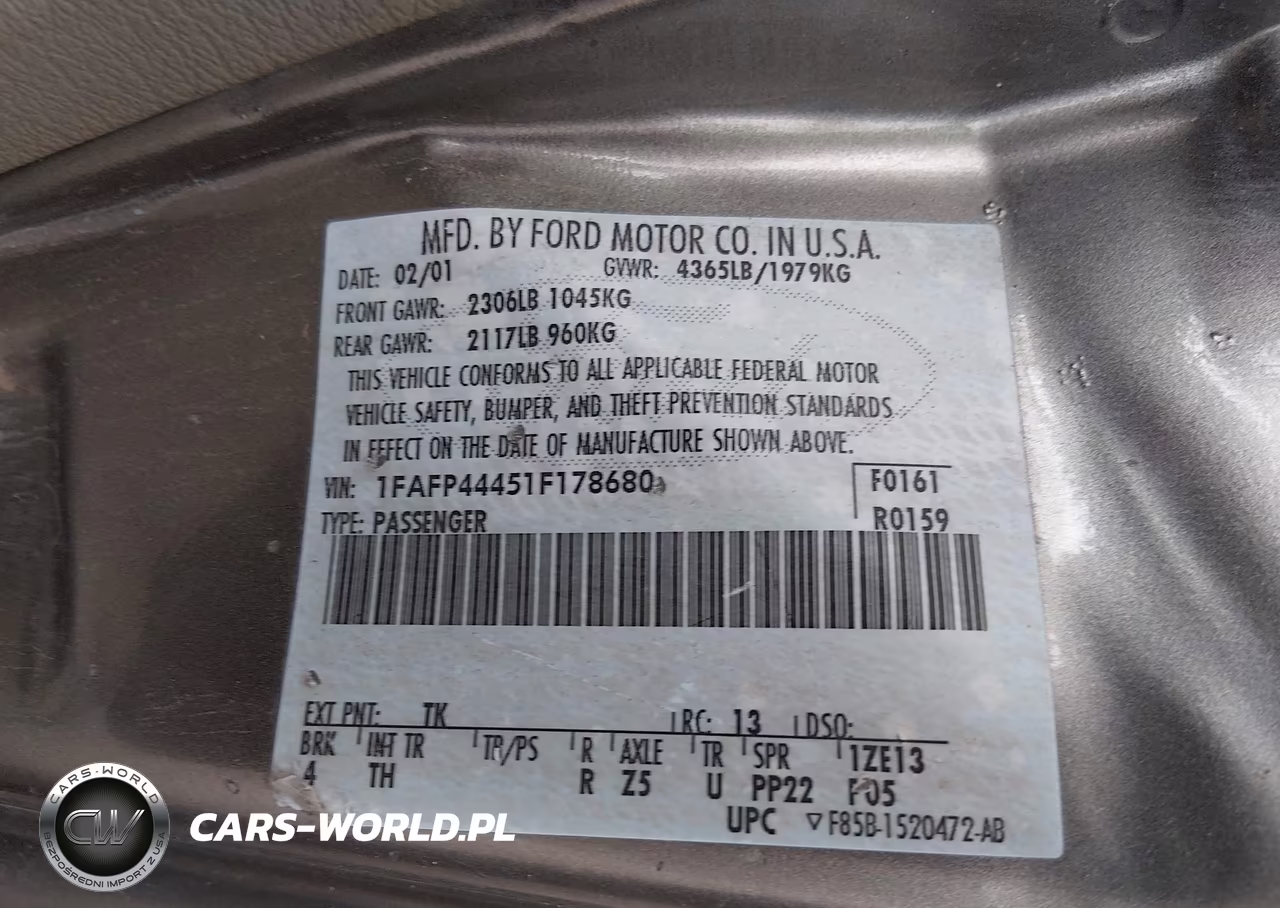 2001 Ford Mustang VIN:1FAFP44451F178680 - 9