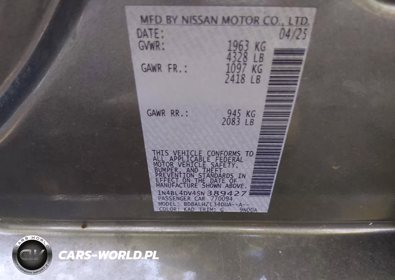 2025 Nissan Altima Sv Fwd VIN:1N4BL4DV4SN389427 - 9