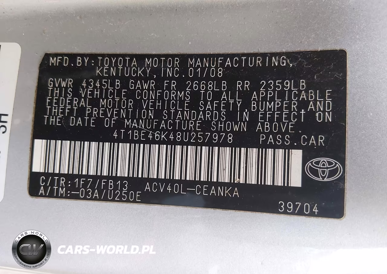 2008 Toyota Camry Le VIN:4T1BE46K48U257978 - 9
