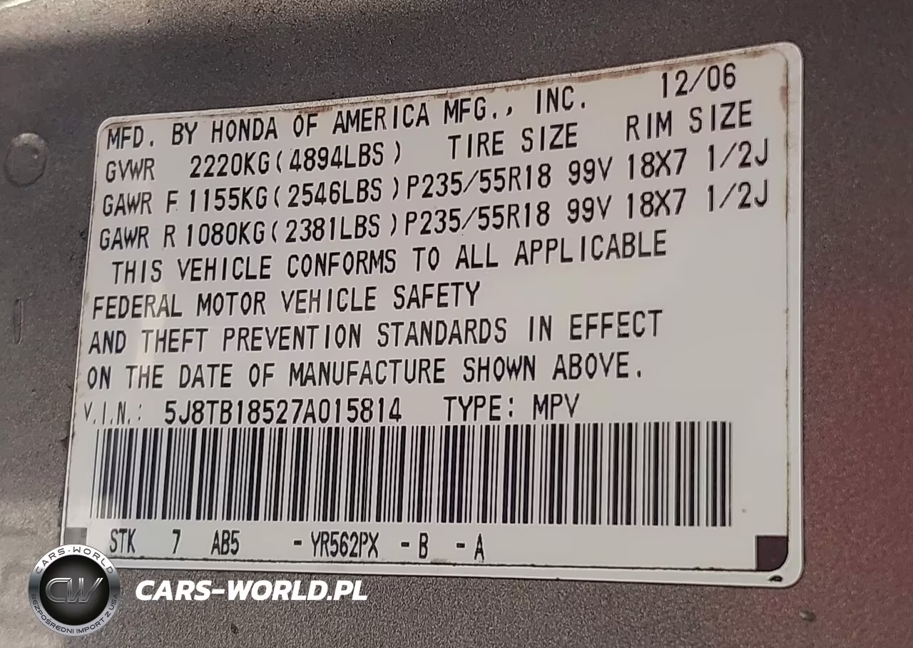 2007 Acura Rdx VIN:5J8TB18527A015814 - 9