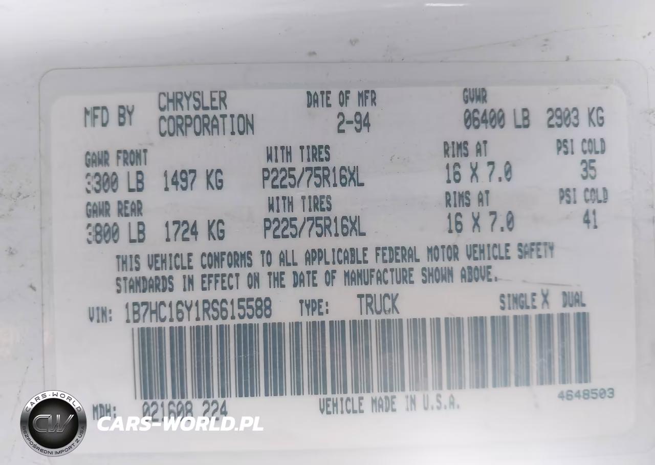1994 Dodge Ram 1500 VIN:1B7HC16Y1RS615588 - 9