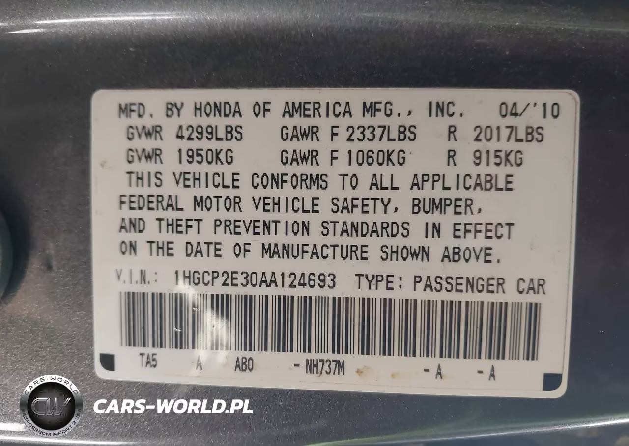 2010 Honda Accord 2.4 Lx VIN:1HGCP2E30AA124693 - 9