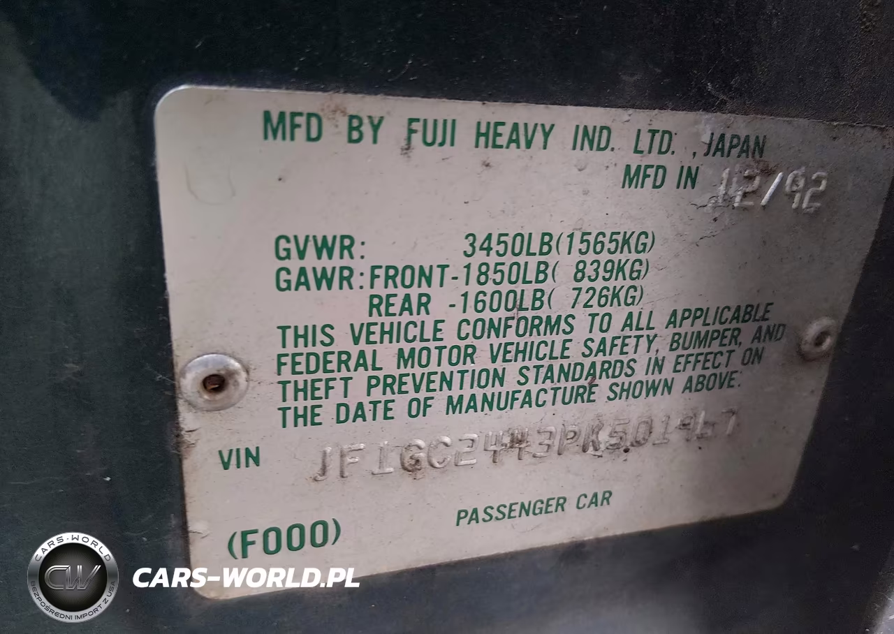 1993 Subaru Impreza L Plus VIN:JF1GC2443PK501967 - 9