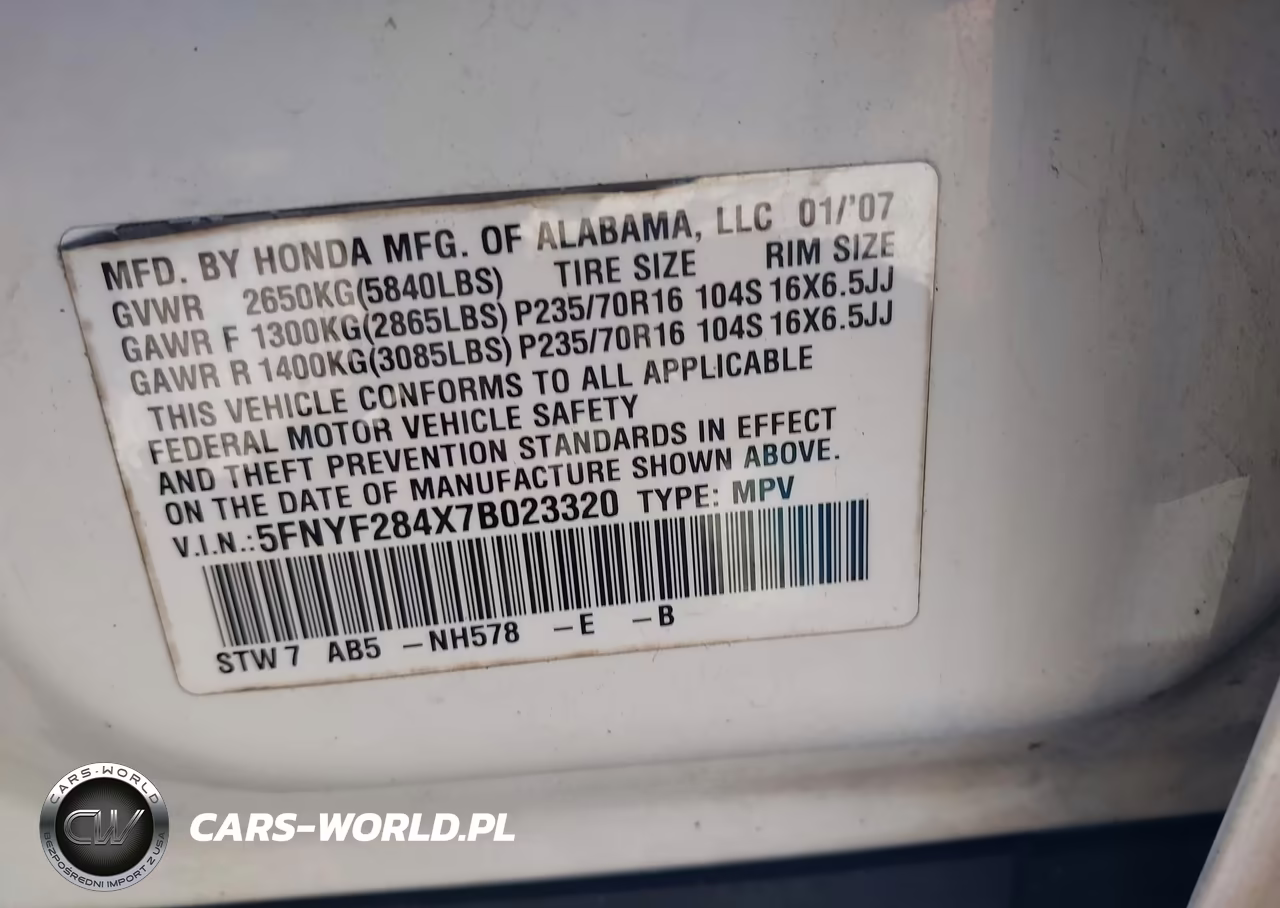 2007 Honda Pilot Ex VIN:5FNYF284X7B023320 - 9
