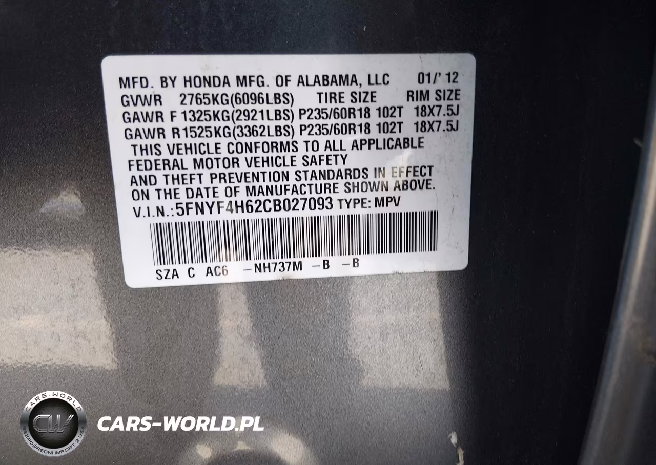 2012 Honda Pilot Ex-L VIN:5FNYF4H62CB027093 - 9