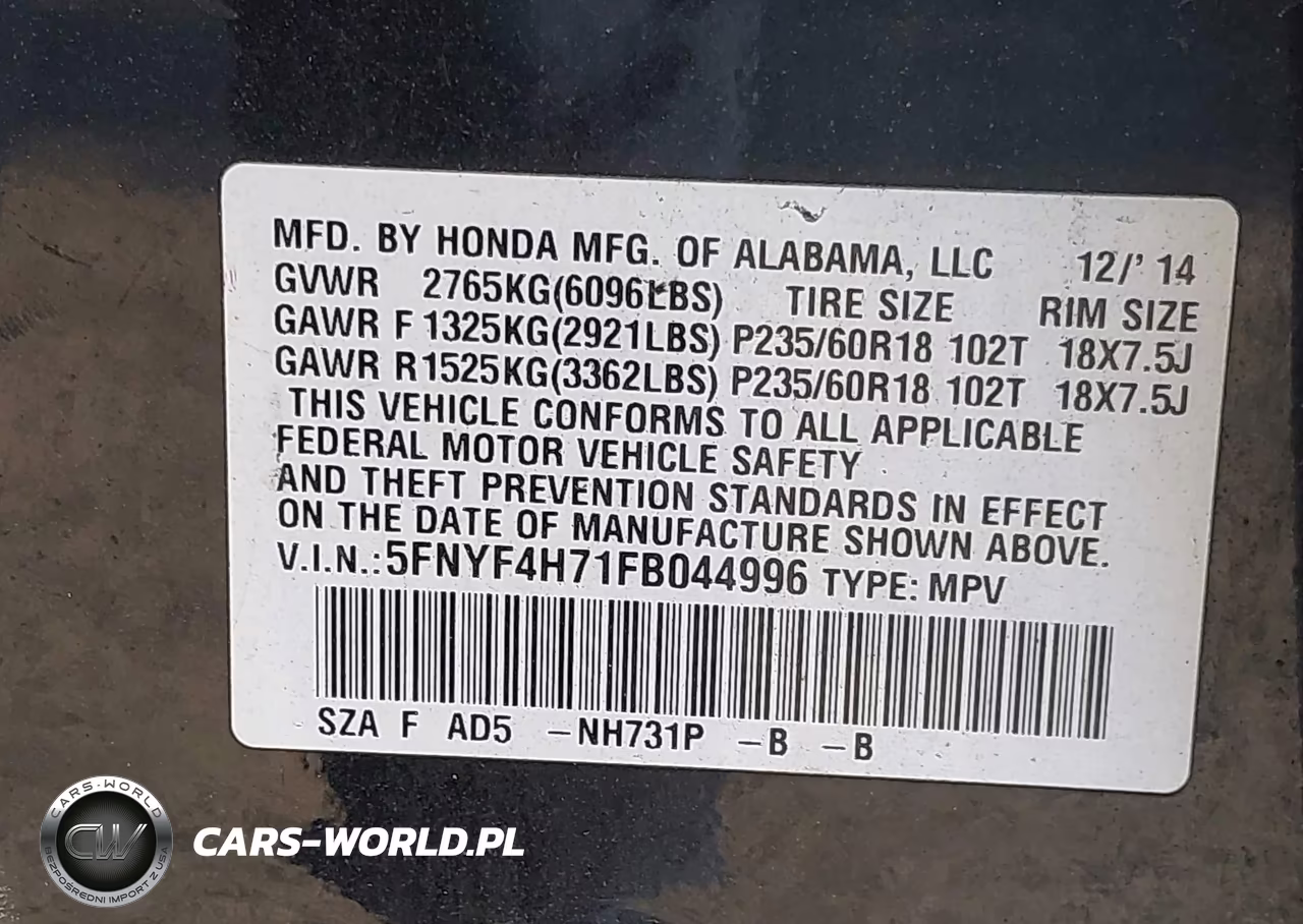 2015 Honda Pilot Ex-L VIN:5FNYF4H71FB044996 - 9