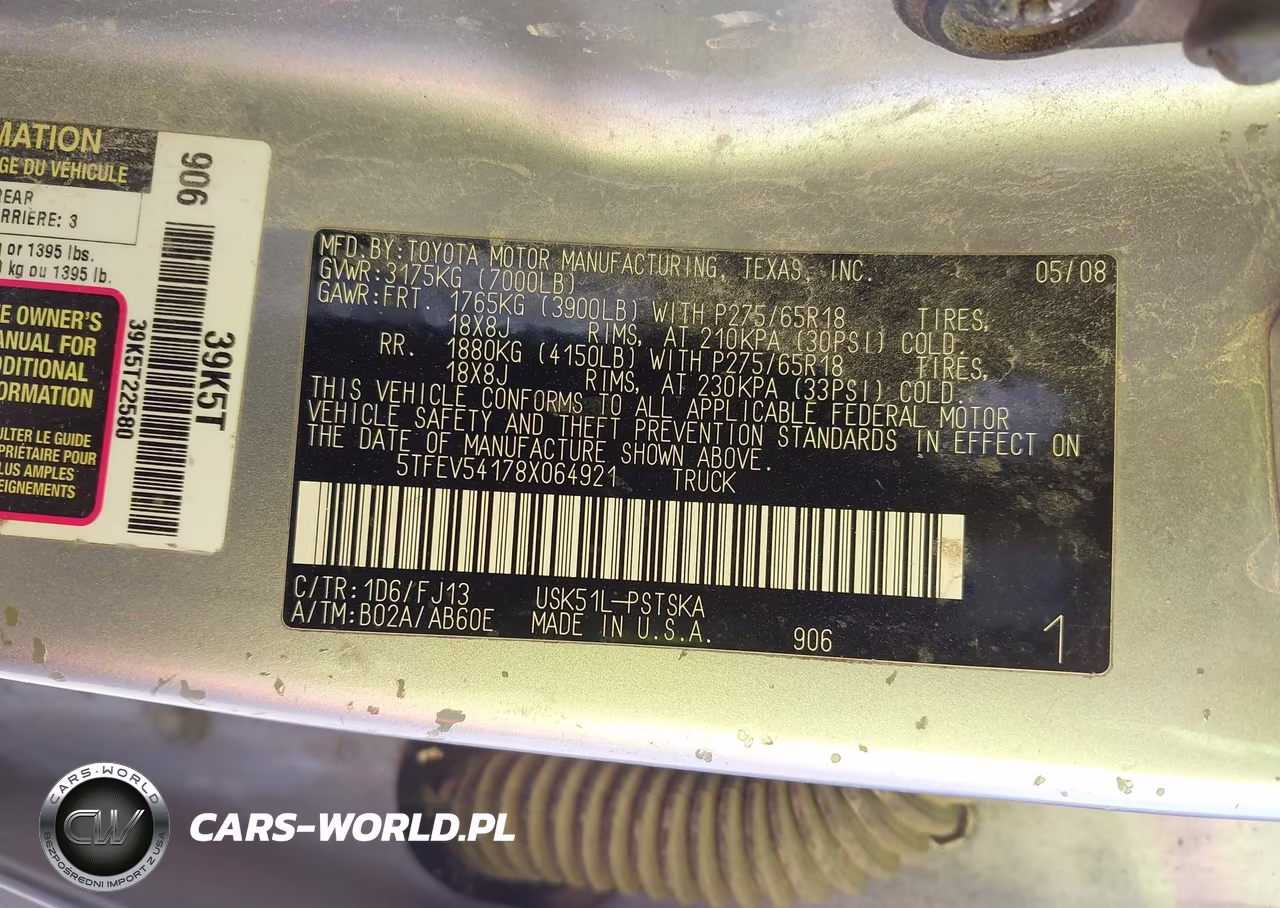 2008 Toyota Tundra Sr5 5.7L V8 VIN:5TFEV54178X064921 - 9