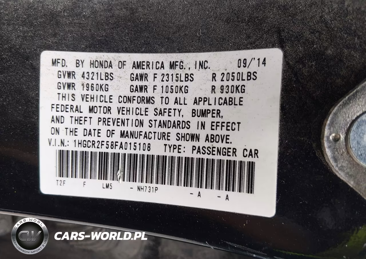 2015 Honda Accord Sport VIN:1HGCR2F58FA015108 - 9