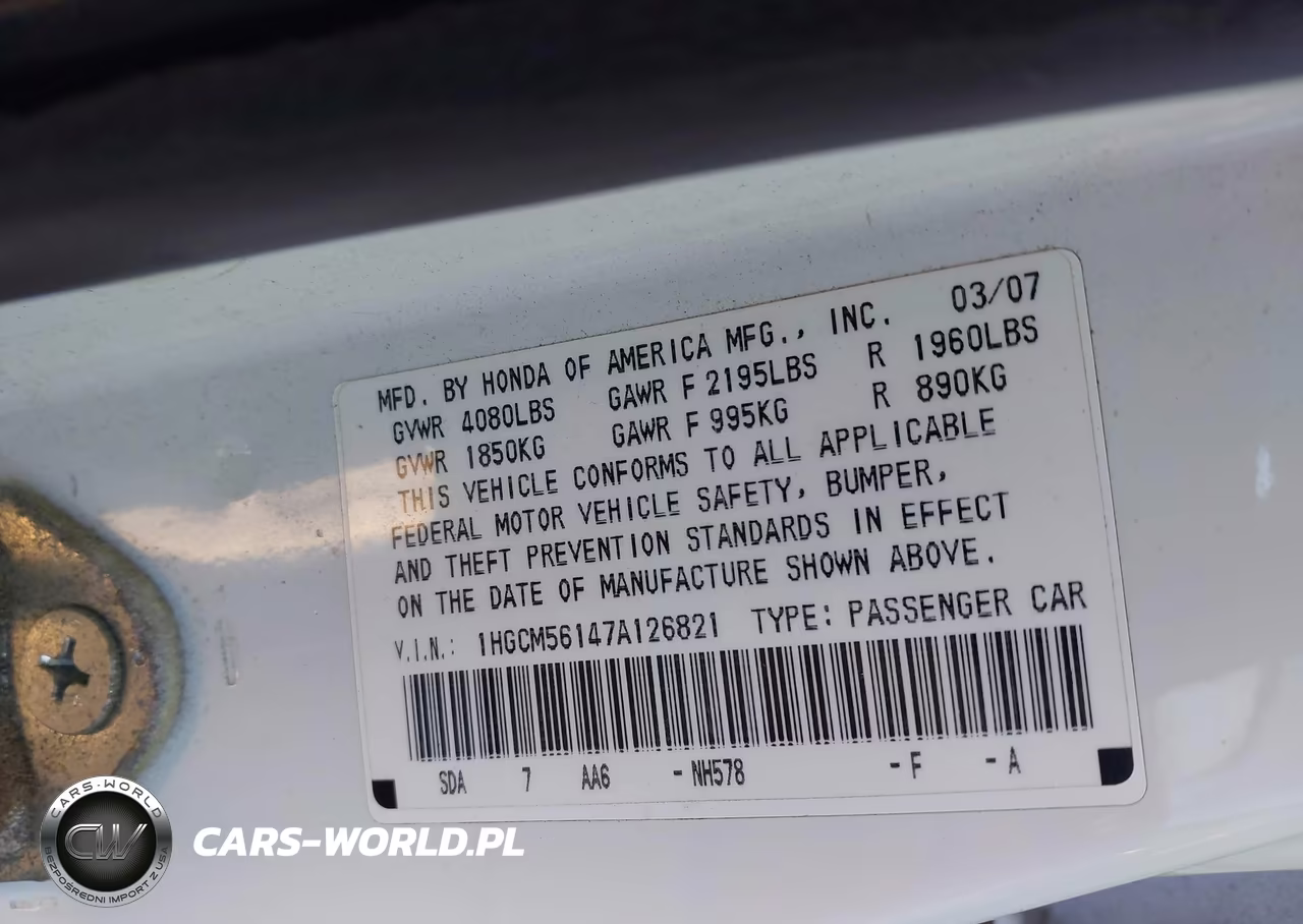 2007 Honda Accord 2.4 Vp VIN:1HGCM56147A126821 - 9