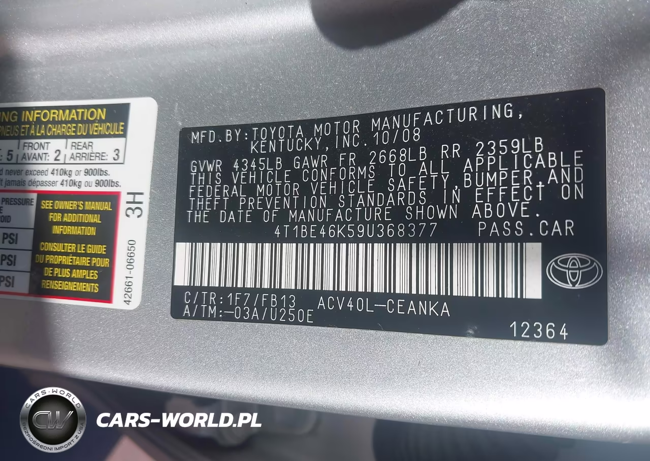 2009 Toyota Camry Le VIN:4T1BE46K59U368377 - 12