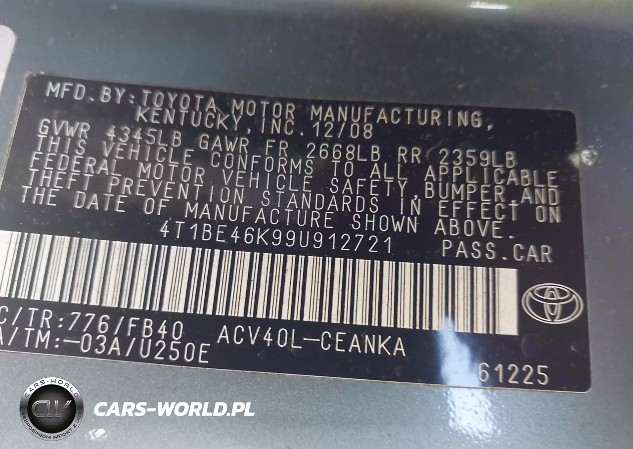2009 Toyota Camry Le VIN:4T1BE46K99U912721 - 9